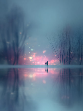 A couple strolls together along the lakeshore during twilight, enjoying the beautiful reflection of colorful lights on the water surface and silhouetted trees.の素材