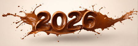 The year 2026 is depicted artistically with a splash of chocolate, reflecting creativity and an engaging perspective on the passage of time.の素材