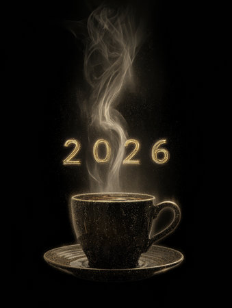 A dark background features a steaming coffee cup with swirling steam rising above it, showcasing the year 2026 in a glowing font, inviting reflection and hope.の素材