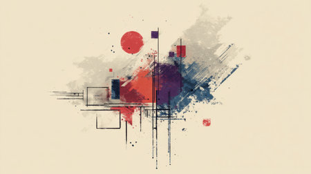 Colorful abstract composition blends geometric shapes with soft textures, showing a lively artistic expression ideal for contemporary decor.の素材