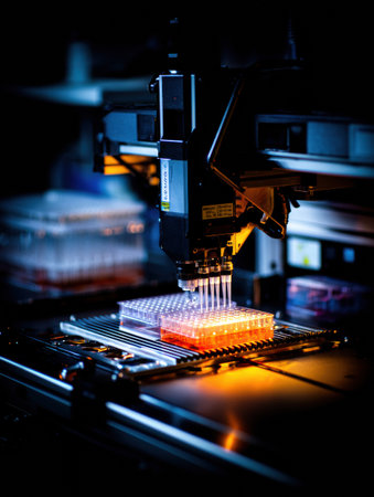 High-tech apparatus performs meticulous liquid handling on sample plates in a dimly lit lab, showing the fusion of science and technology.の素材