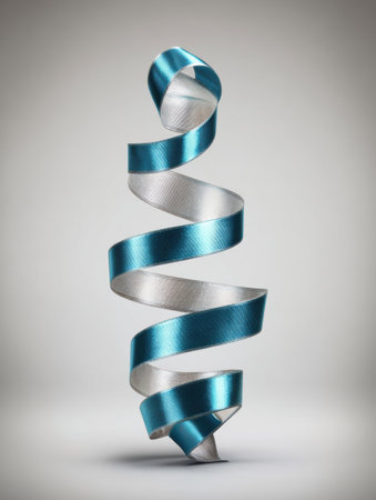 A stunning blue and silver ribbon spirals elegantly upward, showing its glossy texture and dynamic shape against a muted background.の素材