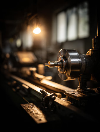 A lathe machine sits in a shadowy workshop, illuminated by a single overhead light, highlighting the details of metalworking at dusk.の素材