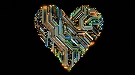 Colorful circuit board patterns form a heart shape against a black background, symbolizing the fusion of technology and emotion in digital art.の素材
