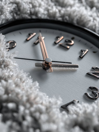 A detailed view captures a clock encircled by soft, fluffy material, showing the beauty of time while evoking warmth during a chilly afternoonの素材