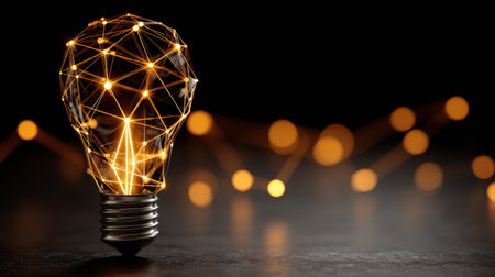 Glowing light bulb featuring a geometric design illuminates a dark setting, showing creativity and artistry in modern lighting design during evening time.の素材