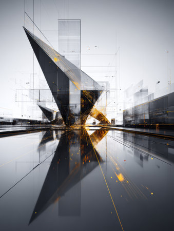Futuristic cityscape showcases sleek, angular structures and reflective surfaces, creating an abstract blend of light and shadow against a bright backdrop.の素材