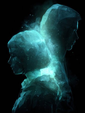 Two stylized figures stand back to back, illuminated by a glow of vibrant colors that highlights their geometric shapes against a dark background.の素材