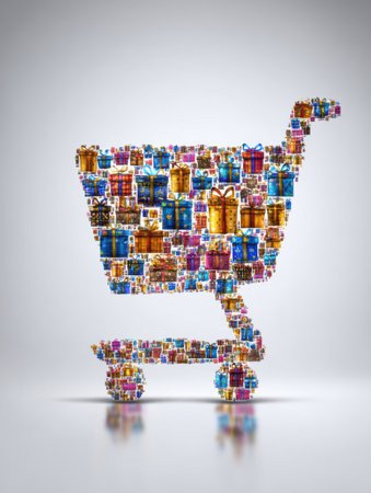 A vibrant shopping cart shaped entirely from various gift boxes, showing an array of colors and patterns. The scene is set against a minimalist background.の素材