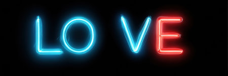 Neon lights display the word love in bright blue and red, set against a black background.の素材
