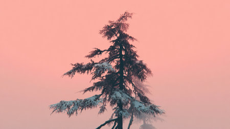 A solitary tree is blanketed in snow, silhouetted against a soft pastel sky at dawn. The tranquil scene captures the beauty of winter solitude in nature.の素材