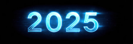 Vivid and bright neon blue numbers display 2025, radiating a modern and futuristic feeling, perfect for any celebration of the new year.の素材