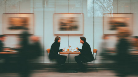 Two individuals sit at a small table, savoring coffee and engaging in conversation while the cafe bustles with blurred patrons creating a lively atmosphere.の素材