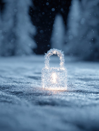 A sparkling lock stands out against a snowy background, illuminated softly amid frost-covered trees in a tranquil winter night setting.の素材