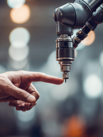 In a modern industrial environment, a human hand approaches a robotic arm, demonstrating the interaction between man and machine in advanced technology.の素材