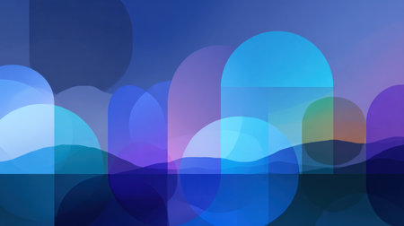 Soft, blended colors create a serene landscape filled with geometric shapes against a twilight sky, evoking calmness and tranquility in the scene.の素材