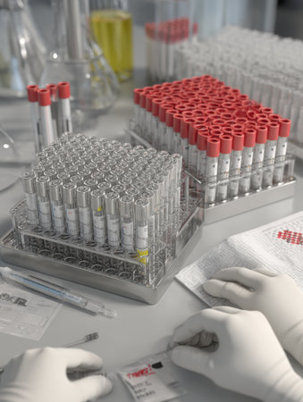 In a clean laboratory, test tubes filled with various liquid samples are organized on racks, while gloves ensure safety during the analysis process.の素材