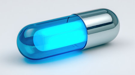A glowing blue capsule with metallic ends stands out beautifully against a neutral background, showing its innovative design.の素材