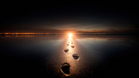 Footprints trail across a wet shoreline as the sun sets on the horizon, illuminating the scene with vibrant colors and reflecting city lights in the distance.の素材