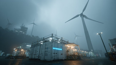 A foggy scene captures wind turbines and an energy facility in the early morning hours, highlighting renewable energy sources in a serene setting.の素材
