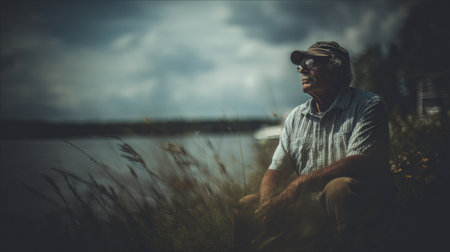 A man enjoys the serenity of a lake on a cloudy afternoon, lost in thought as he sits among tall grasses, taking in the peaceful natural scenery around him.の素材