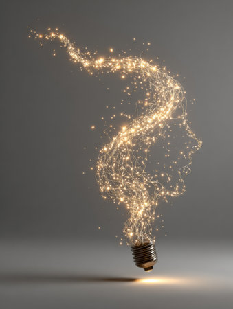 Unique visual of a light bulb emitting bright sparks that swirl into a face shape, symbolizing ideas and creativity in modern design.の素材