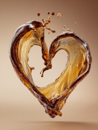 A heart-shaped splash of caramel sauce captures the fluid motion of the liquid, creating an artistic representation of love and sweetness.の素材