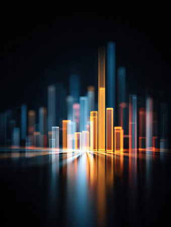 Nighttime scene features a vibrant abstract city skyline with glowing towers in different colors reflecting on a smooth surface, creating a stunning visual.の素材