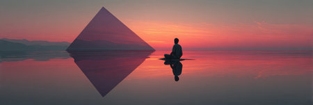 A person sits peacefully on calm water during sunset, surrounded by vibrant colors.の素材
