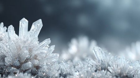 Delicate crystal formations emerge from a soft backdrop, reflecting light in an enchanting display of clear geometry and natural beautyの素材