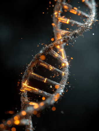 A vibrant DNA helix with glowing elements and syringes against a dark backdrop, blending science and artistry.の素材