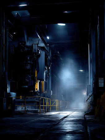 This scene depicts a dark industrial workshop featuring large machines and beams of light illuminating the mist, creating an intriguing ambiance at night.の素材