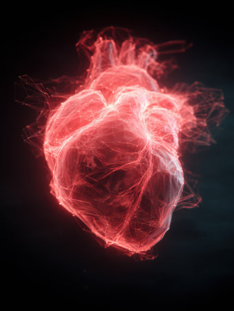 A striking digital depiction of a human heart created with vibrant red tones and translucent textures, highlighting its anatomical features in dramatic detail.の素材