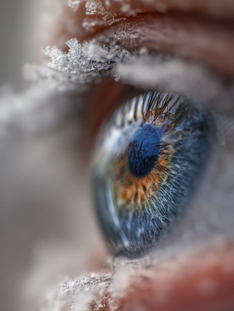 A striking close-up shows a vibrant blue and brown eye, framed by frost and reflecting a winter landscape. The detail highlights the eyes texture and depth.の素材