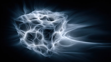 A mesmerizing cube radiates ethereal energy in a dark environment, showing swirling light patterns and a captivating glow.の素材