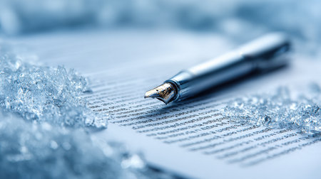 Fountain pen lies on text-covered paper, partially surrounded by shimmering ice crystals, creating a mixture of elegance and chill in a calm setting.の素材