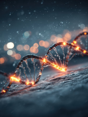 A glowing DNA strand is intertwined with sparkling lights against a soft, blurred background. The scene evokes a sense of wonder and scientific beauty.の素材