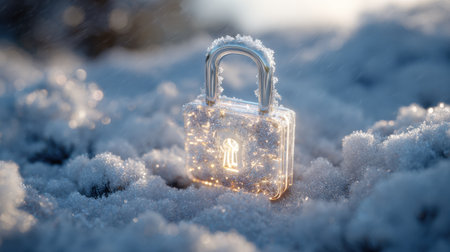 A beautiful padlock sits on a blanket of fresh snow, glistening in the winter sunlight. The frost adds a magical touch to the scene.の素材