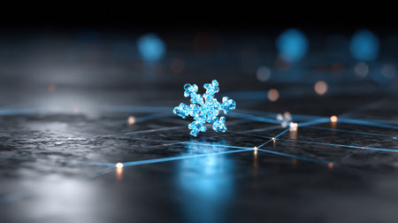 An intricate blue snowflake stands out, glowing against a dark reflective surface with connecting lights, presenting a beautiful winter wonderland view.の素材