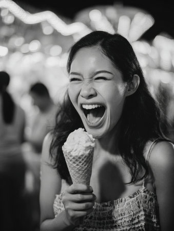 A happy woman laughs loudly while holding an ice cream cone at a lively carnival. The background shines with colorful lights.の素材