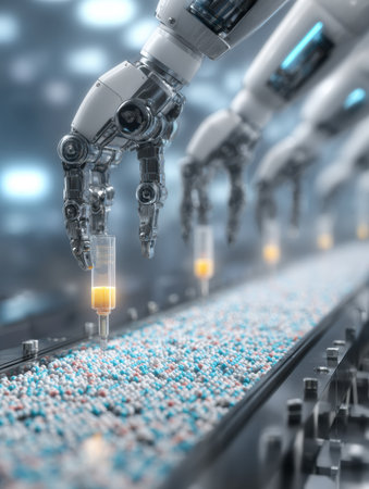 Robotic devices are efficiently filling vials with a bright liquid on a production line, showcasing advanced automation in a high-tech factory environment.の素材