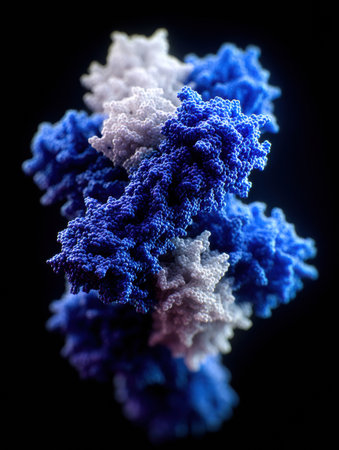 Complex molecular structure featuring dynamic textures in blue and white, highlighting the beauty of scientific visualization in detail and depthの素材