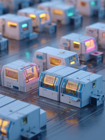 Rows of advanced machines are illuminated with colorful lights, showing an intricate design and activity in a contemporary industrial setting at dusk.の素材