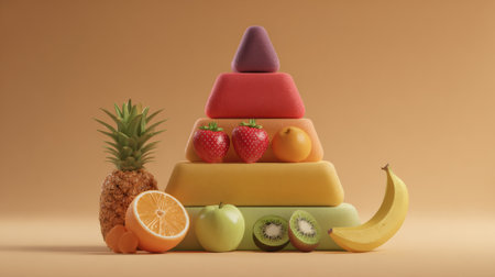 Brightly arranged fruits and shapes create a striking display on a warm backdrop, showing the beauty of nature and creativity in composition.の素材