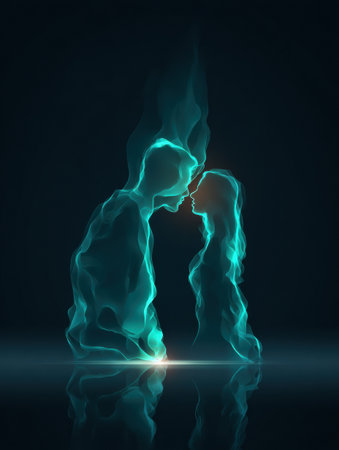 Two glowing figures, representing a couple in a tender moment, are depicted in a dark setting with swirling light creating an ethereal effect around them.の素材