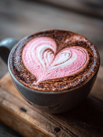 A cozy cup of hot drink featuring intricate heart-shaped latte art sits on a wooden table, inviting warmth and comfort in a relaxed setting.の素材
