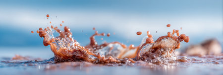 Moment of water colliding with the surface, creating splashes and droplets under bright sunlight, evoking a sense of energy and movement.の素材
