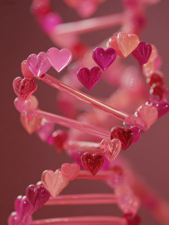 Colorful DNA model features heart shapes in various shades of pink and red, symbolizing love and connection in a creative scientific representation.の素材