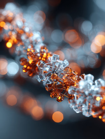 Orange and clear crystal snowflake decorations sparkle, creating a vibrant display in a softly lit festive setting.の素材