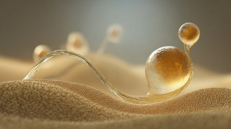 Delicate glass-like bubbles glide through a soft sandy terrain, creating an enchanting and surreal atmosphere that invites curiosity and wonder.の素材